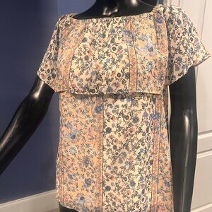 Moa Moa Blue and Cream Flutter Sleeve Blouse with Ruffled Bib Collar